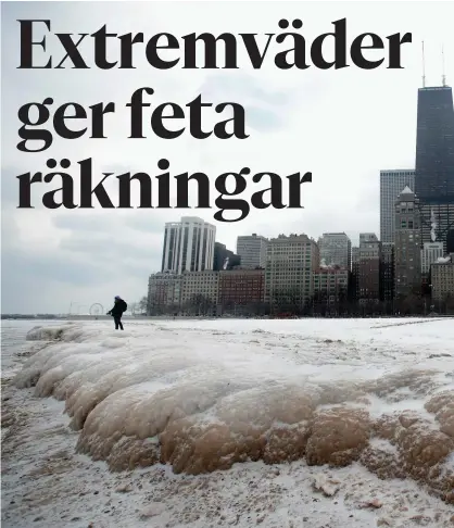  ??  ?? Extrem kyla i området kring de stora sjöarna på gränsen mellan USA och Kanada har fått isen att dra in över Chicago.