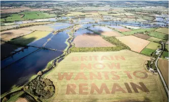  ?? DONKEYS via REUTERS ?? THE words ‘Britain now wants to remain’ cut by anti-Brexit group Led By Donkeys in a field near Swindon, county Wiltshire, UK, on Thursday. |