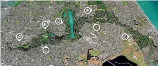  ?? PHOTO: AVON OTAKARO NETWORK ?? Where some river park projects might go: Urban Farm (a), Heritage Park (b), EdenNZ (c), Rowing Lake (d), Food Growing (e), Eco-Sanctuary (f), Bexley Wetlands (g).