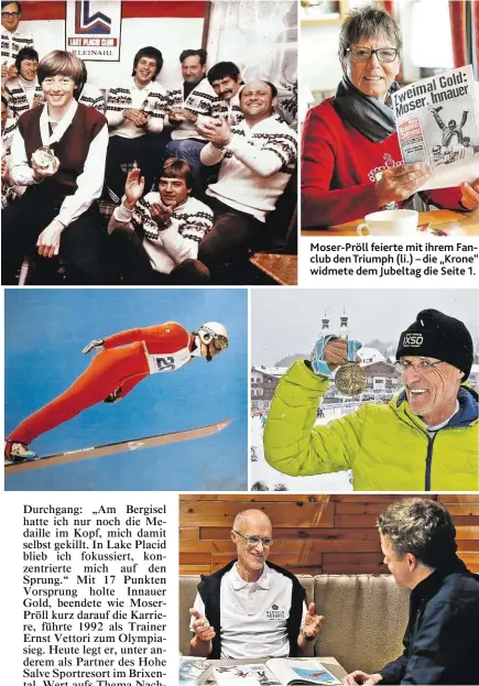  ??  ?? Moser-Pröll feierte mit ihrem Fanclub den Triumph (li.) – die „Krone“widmete dem Jubeltag die Seite 1.
Am 17. Februar 1980 – vier Jahre nach dem Bergisel-Drama – sprang Toni Innauer in Lake Placid zur ersehnten Goldenen, sprach 40 Jahre später mit der „Krone“über die Sternstund­e.