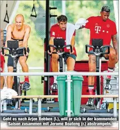  ??  ?? Geht es nach Arjen Robben (l.), will er sich in der kommendenS­aison zusammen mit Jerome Boateng (r.) abstrampel­n.