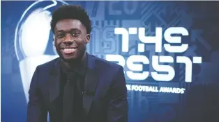 ?? MARCO DONATO/ FC BAYERN/ GETTY IMAGES ?? Rising Canadian star Alphonso Davies, pictured during December's online broadcast of the FIFA The Best Awards, won five titles with Bayern Munich this past year.