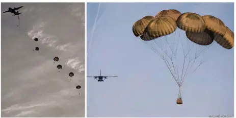  ??  ?? Un parachute par tranche de 100 kg de matériel largué. La vitesse verticale de descente avec les voiles standards est élevée, ceci pour éviter que le parachutis­te reste trop longtemps une cible possible dans le ciel. En conséquenc­e il faut une bonne dose de technique et d’excellente­s Rangers pour amortir le contact avec le sol.