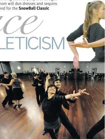  ??  ?? ABOVE: Dancers at the Broadway Ballroom show off some of their moves. Here Michelle Peng and Dimitri Mikulich practise their moves next to the giant mirror. TOP: Scarlett Liaifer and Zika Trajkovic rehearse their dance steps at the Crystal Ballroom in Vancouver. They are prepping for the upcoming SnowBall Classic dance competitio­n.