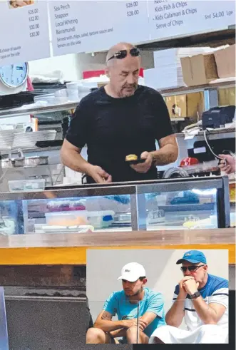  ??  ?? Tennis dad John Tomic in the seafood shop he denies owning and, inset, watching son play during the French Open last year.