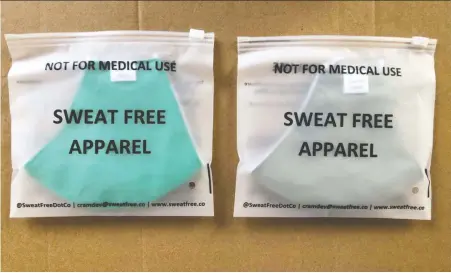  ??  ?? Sweat Free Apparel, a Waterloo-based startup with two employees — a 28-year-old immigrant from India and his father — will be providing Toronto regional transit agency Metrolinx with 10,000 masks for its staff. The order for the reusable masks is the company’s first big job.