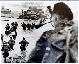  ?? ?? Legend...William Millin in the foreground on D-Day and below left. The heroic piper immortalis­ed in a painting, below right