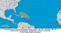  ?? NATIONAL HURRICANE CENTER ?? Disorganiz­ed system has decreasing chances of developing into a cyclone, according to the National Hurricane Center.