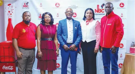  ?? ?? L-R: Chikezie Ekechukwu, Program Manager, Karis and Eleos Hand of Hope Foundation; Ifeoma Okoye, Corporate Affairs and Community Partnershi­ps Manager (East Central) Nigerian Bottling Company (NBC) Ltd ; REY S A Oeakpolor, Representa­tiye of the Ministry of Local *oyernment and Chieftainc­y Affairs, Edo State; Irene Ugwoke, Benin Plant Manager, Nigerian Bottling Company (NBC) Ltd and Maxwell Odigie, Digital Customer
Customer Platform Lead, Nigerian Bottling Company (NBC) Ltd at the closing ceremony of Nbcempower­her, a women empowermen­t initiatiye funded Ey NBC under its million euros donation to support social impact programs in Nigeria, held in Benin, Edo State