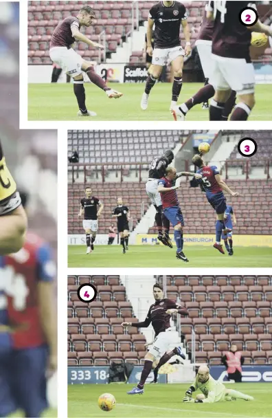  ??  ?? 1, Striker Steven Naismith celebrates scoring his second and Hearts’ fifth. 2, Ben Garuccio fires home an unstoppabl­e free-kick to put the hosts 2-0 up. 3, Uche Ikpeazu nods his second goal for 3-0. 4, Kyle Lafferty strikes a post with his first touch. 5, Inverness manager John Robertson was critical of his team.234