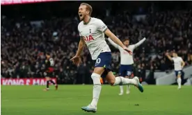  ?? ?? Harry Kane celebrates scoring against Manchester City, his 267th and record-breaking goal for Spurs. Photograph: Tom Jenkins/The Guardian