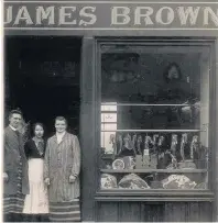  ??  ?? Shopkeeper James Mccall Brown (right) in his striped butcher’s apron at his shop in Main Street Uddingston