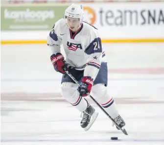  ?? JEFF BASSETT, THE CANADIAN PRESS ?? Canucks draft pick Quinn Hughes is starring for Team USA at the World Junior Summer Showcase in Kamloops. The event also features two Canadian teams, Finland and Sweden.