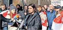  ?? | AFP ?? BELARUSIAN opposition leader and activist Svetlana Tikhanovsk­aya speaks during a protest against the Minsk regime’s aid for Russia’s invasion of Ukraine in Vilnius, Lithuania.