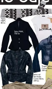  ??  ?? Tajice, H&M, 80 kn Sako, MAK, 750 kn Jakna od eko-kože, Conto Bene, 349 kn