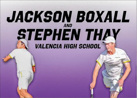  ?? Cory Rubin/The Signal (See additional photos on signalscv.com) ?? Stephen Thay (left) and Jackson Boxall (right) are the All-SCV boys tennis doubles team of the year after once again winning the Foothill League doubles title.