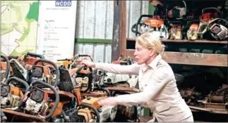  ?? SUWANNA GAUNTLETT VIA FACEBOOK ?? Wildlife Alliance founder and CEO Suwanna Gauntlett photograph­ed with 2,300 chainsaws confiscate­d by the organisati­on over a two-year period.