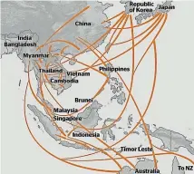  ?? UNODC ?? Crystallin­e methamphet­amine traffickin­g flows in East and Southeast Asia, from 2016 to 2018.