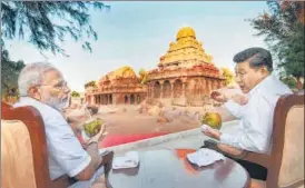  ?? PTI ?? Prime Minister Narendra Modi and Chinese President Xi Jinping hold one-on-one talks on the first day of the informal India-china summit in Tamil Nadu’s Mamallapur­am on Friday. >>P12