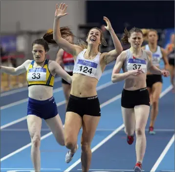  ??  ?? A special feeling for Kilmore’s Fiona Kehoe as she crosses the line to secure the gold medal.