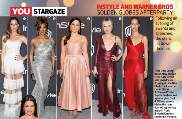  ??  ?? 1 The Only Living Boy in New York actress Kate Beckinsale in Aadnevik. 2 Orange Is the New Black star Laverne Cox in Hamel. 3 Chicago PD star Sophia Bush rocked a pastel pink frock. 4 Billions actress Malin Åkerman donned a glittering maroon frock. 5 Model Karolina Kurková in Versace.