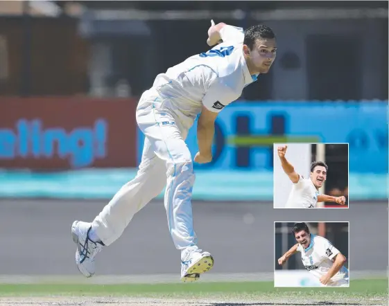  ?? Picture: AAP IMAGE ?? Josh Hazlewood will be joined in a mighty pace brigade by Mitchell Starc (inset top) and Pat Cummins (inset bottom) in the Ashes.