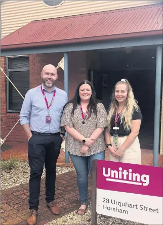  ??  ?? CENTRE FOR ALL: From left, Uniting Wimmera executive officer Josh Koenig, community capacity program leader Emma Hynes and community wellbeing worker Kara Johnson are pictured in front of a new Wimmera Wellbeing Centre.