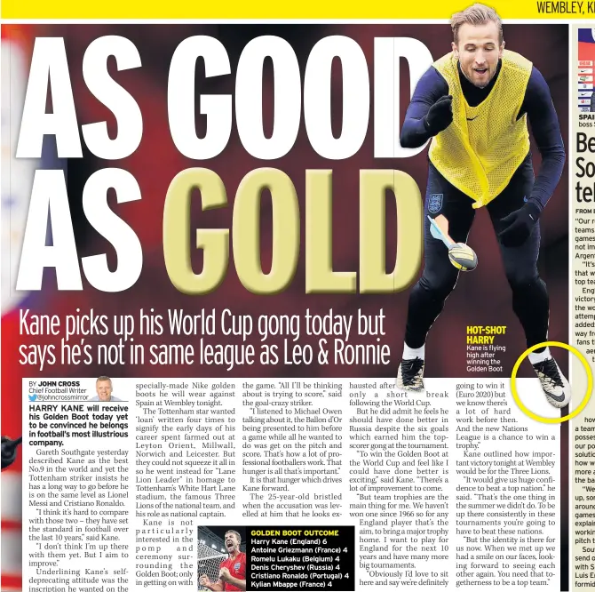  ??  ?? GOLDEN BOOT OUTCOME Harry Kane (England) 6 Antoine Griezmann (France) 4 Romelu Lukaku (Belgium) 4 Denis Cheryshev (Russia) 4 Cristiano Ronaldo (Portugal) 4 Kylian Mbappe (France) 4 Kane is flying high after winning the Golden Boot HOT-SHOT HARRY