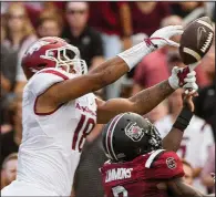  ?? NWA Democrat-Gazette/BEN GOFF ?? Arkansas senior tight end Jeremy Patton (left), who had 11 receptions for 189 yards last season, suffered a bruised ankle during practice Monday. “Hopefully we get him back over the next week or so,” Razorbacks Coach Chad Morris said.