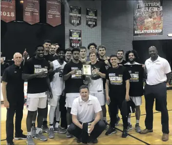  ?? Courtesy photo ?? The Master’s University men’s basketball team poses for a photo after beating Westmont in the Golden State Athletic Conference tournament finals on Monday in Phoenix.