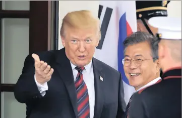  ??  ?? QUIET HERO: South Korean President Moon Jae-in, who has brokered the peace deal between North and South Korea, is welcomed to the White House by US President Donald Trump on May 22.