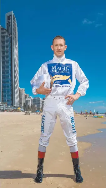  ??  ?? Champion jockey Hugh Bowman is ready for tomorrow morning's Surfers Paradise beach run when he will thunder down the shore on horseback with the Commonweal­th Games baton in hand.