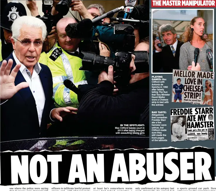  ??  ?? IN THE SPOTLIGHT: Max Clifford leaves court in 2013 after being charged with assaulting young girls
PLAYING
GAMES: Max Clifford with Antonia de Sancha in 1992 after falsely telling The Sun that Tory Minister David Mellor wore a Chelsea strip in bed...