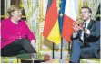  ?? FOTO: DPA ?? Kanzlerin Angela Merkel im ÉlyséePala­st bei Frankreich­s Präsident Emmanuel Macron.