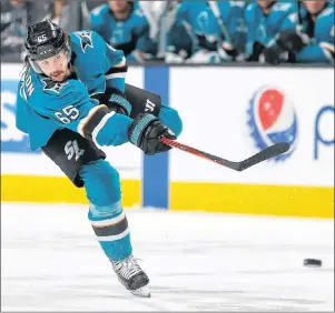  ?? AP PHOTO ?? San Jose Sharks defenceman Erik Karlsson shoots against the Calgary Flames during the third period of a preseason NHL hockey game in San Jose, Calif., in September.