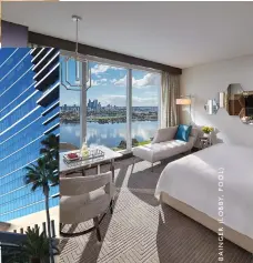  ??  ?? CLOCKWISE FROM TOP: mural depicting the Swan River behind reception; A Premier King room with CBD views; Crown Towers Perth was built for a staggering $650 million.