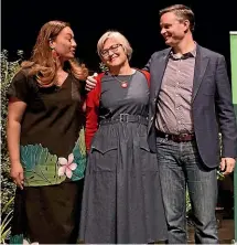  ??  ?? Green Party coleaders Marama Davidson and James Shaw join Conservati­on Minister Eugenie Sage, centre, at the Green Party conference. The party was very focused on the environmen­t at their first conference in Government.