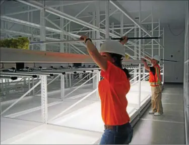  ?? KRISTI GARABRANDT — THE NEWS-HERALD ?? Buckeye Relief Employees Carmen Fultz and Steven Monateri prepare for the state licensing inspection scheduled for the end of July by cleaning the constructi­on dust off the growing racks in the vegetation room at the company’s new facility in Eastlake.