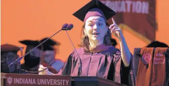  ?? MICHAEL GARD/POST-TRIBUNE ?? Actress Midori Francis Iwama performs a dramatic reading during her father, Ken Iwama’s, installati­on ceremony as the seventh chancellor of Indiana University Northwest on Friday.