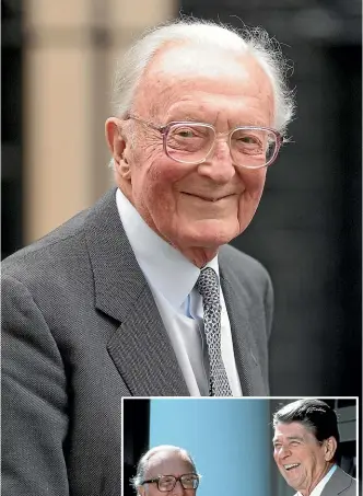  ?? GETTY/AP ?? Lord Carrington in 2009, and with US president Ronald Reagan in 1984.
