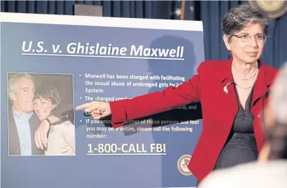  ??  ?? Audrey Strauss, the acting US attorney for the Southern District of New York, leads a news conference in New York on Thursday where she announces the arrest of Ghislaine Maxwell.