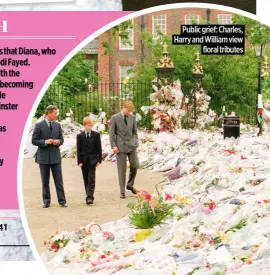  ?? ?? Public grief: Charles, Harry and William view floral tributes