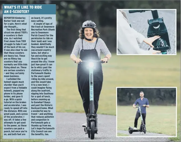 ??  ?? ‘EXCITING’
Business editor Kimberley Barber riding an e-scooter from TIER UK
