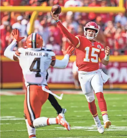  ?? JAY BIGGERSTAF­F/USA TODAY SPORTS ?? Patrick Mahomes threw three second-half TD passes in rallying the Chiefs.