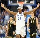  ?? CHRIS O’MEARA — THE ASSOCIATED PRESS ?? Kentucky forward Oscar Tshiebwe (34) celebrates during the second half of the team’s game against Vanderbilt in the Southeaste­rn Conference in Tampa, Fla.