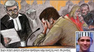 ??  ?? Tears: Artist’s sketch of Nathan Matthews (also inset) in court. His mother Anjie and her husband Darren, the father of Becky Watts, are on the right