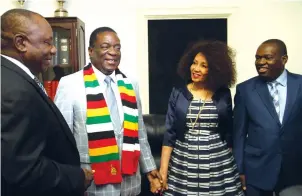  ??  ?? President Emmerson Mnangagwa welcomes South African President and Sadc Chairperso­n Cyril Ramaphosa and his Minister of Internatio­nal Relations and Cooperatio­n Lindiwe Nonceba Sisulu at Munhumutap­a Building in Harare yesterday. With them is Foreign...