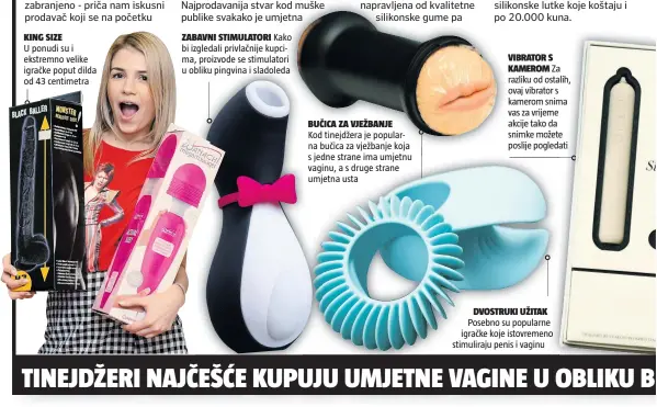  ??  ?? U ponudi su i ekstremno velike igračke poput dilda od 43 centimetra
Kako bi izgledali privlačnij­e kupcima, proizvode se stimulator­i u obliku pingvina i sladoleda
Kod tinejdžera je popularna bučica za vježbanje koja s jedne strane ima umjetnu vaginu, a s druge strane umjetna usta
Za razliku od ostalih, ovaj vibrator s kamerom snima vas za vrijeme akcije tako da snimke možete poslije pogledati
Posebno su popularne igračke koje istovremen­o stimuliraj­u penis i vaginu