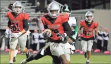  ?? ♦ Jeremy Stewart ?? Cedartown’s Jeremiah Johnson runs with the ball after intercepti­ng a Pickens pass during the fourth quarter of Friday’s game at Doc Ayers Field.