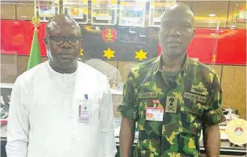  ?? ?? The Administra­tor of the Presidenti­al Amnesty Programme ( PAP), Dr. Dennis Otuaro( left) and Chief of Army Staff, Lt Gen Taireed Lagbaja, during a courtesy visit of the Army Chief in Abuja... yesterday.